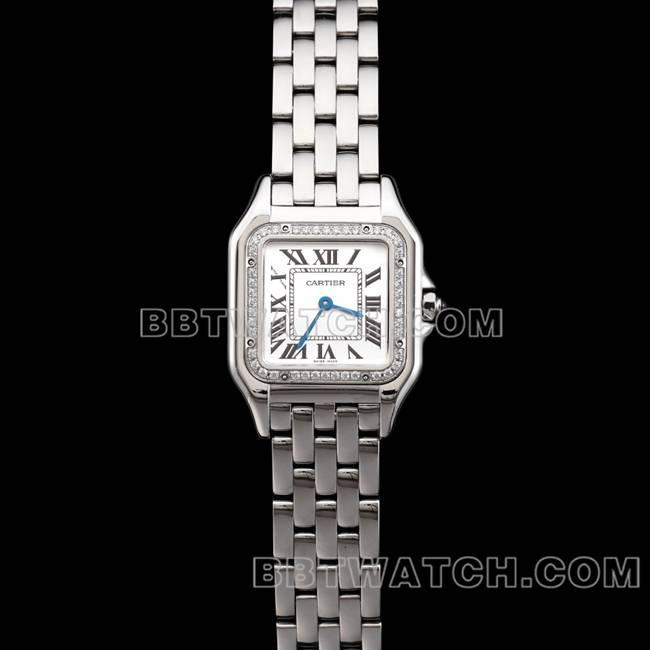 最优复刻手表猎豹BBa厂卡地亚白盘钻圈钢带石英正面实拍图