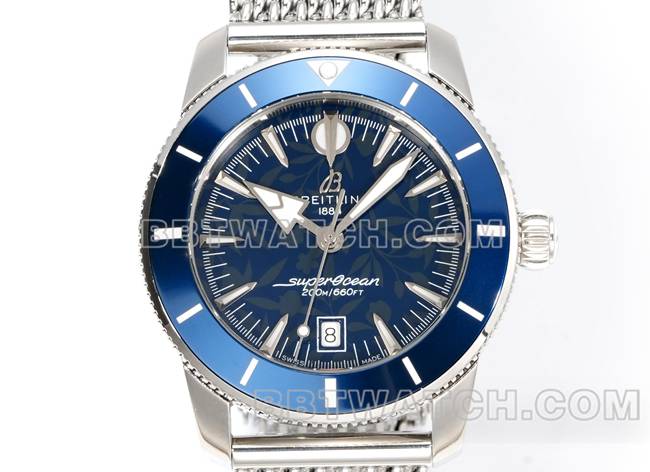 超级克隆手表BLS厂超级海洋文化百年灵蓝盘钢表带正面实拍图