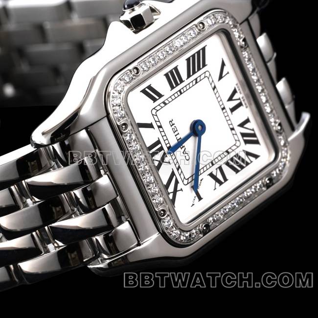 最优复刻手表猎豹BBa厂卡地亚白盘钻圈钢带石英正面实拍图