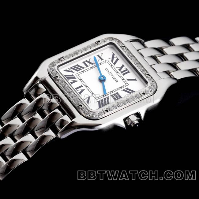 最优复刻手表猎豹BBa厂卡地亚白盘钻圈钢带石英正面实拍图