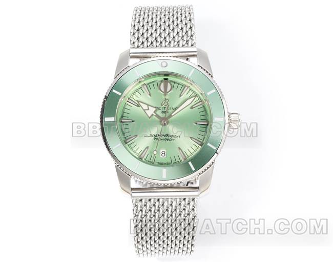 最佳复刻BLS厂超级海洋文化百年灵浅绿盘钢表带正面实拍图