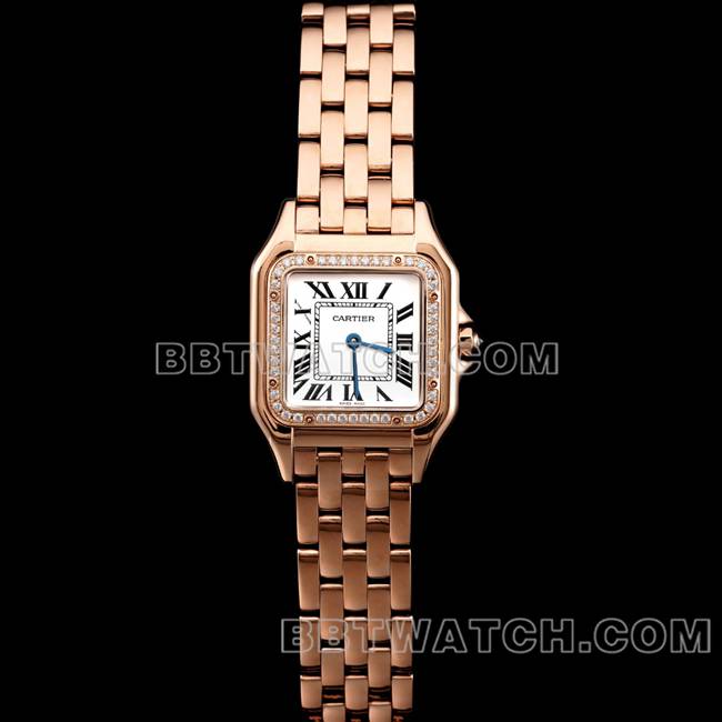 1:1复刻手表猎豹BBa厂卡地亚玫瑰金白盘钻圈钢带石英正面实拍图