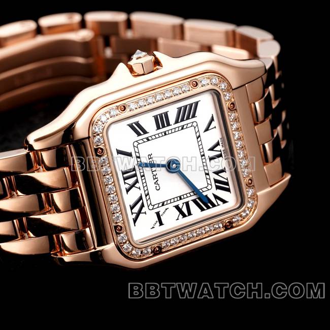 1:1复刻手表猎豹BBa厂卡地亚玫瑰金白盘钻圈钢带石英正面实拍图