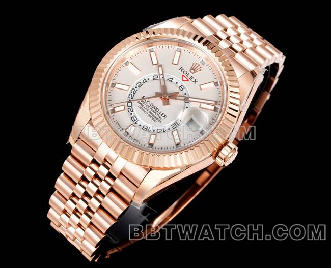 超级克隆手表AR+厂纵航者劳力士白盘机械玫瑰金钢表带正面实拍图