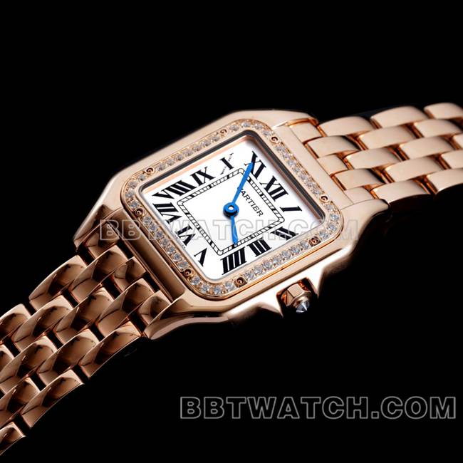 1:1复刻手表猎豹BBa厂卡地亚玫瑰金白盘钻圈钢带石英正面实拍图