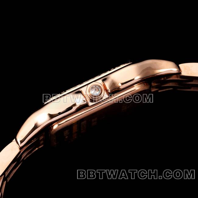 1:1复刻手表猎豹BBa厂卡地亚玫瑰金白盘钻圈钢带石英侧面实拍图