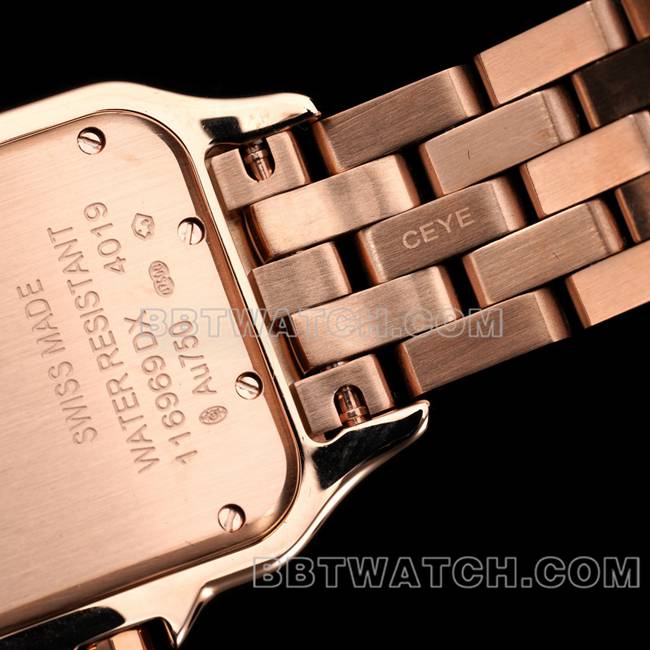 1:1复刻手表猎豹BBa厂卡地亚玫瑰金白盘钻圈钢带石英背面实拍图