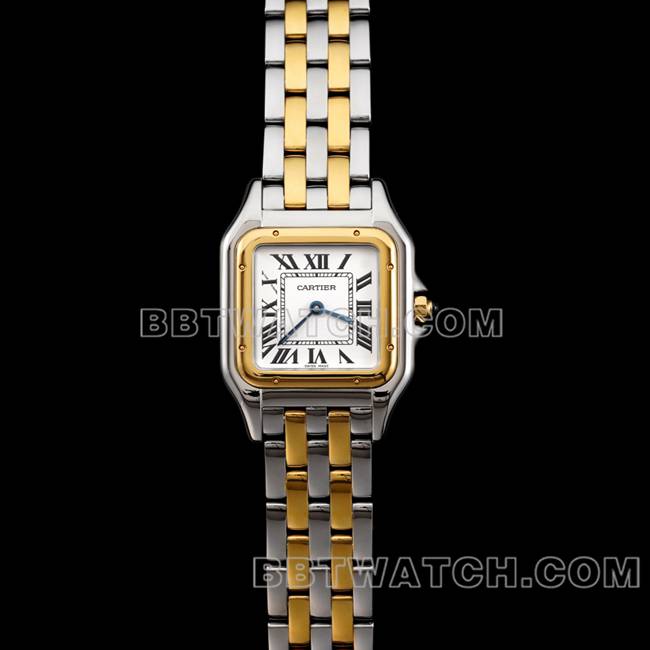 超级克隆手表猎豹BBa厂卡地亚白盘间黄金钢带石英正面实拍图