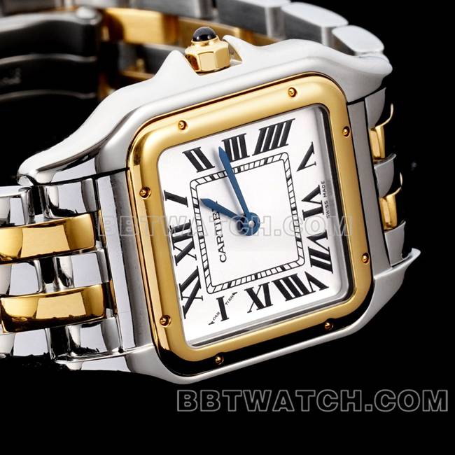 超级克隆手表猎豹BBa厂卡地亚白盘间黄金钢带石英正面实拍图