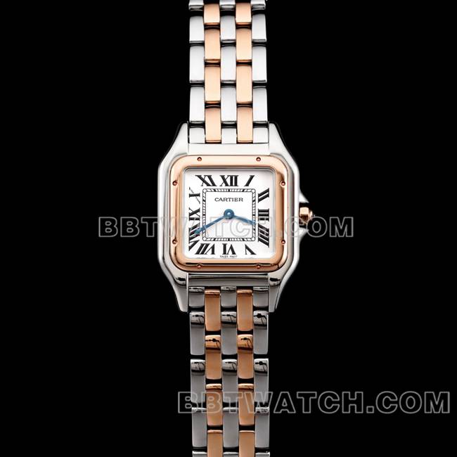 最佳复刻手表猎豹BBa厂卡地亚白盘间玫瑰金钢带石英正面实拍图