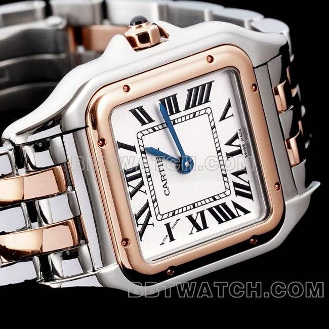 最佳复刻手表猎豹BBa厂卡地亚白盘间玫瑰金钢带石英正面实拍图