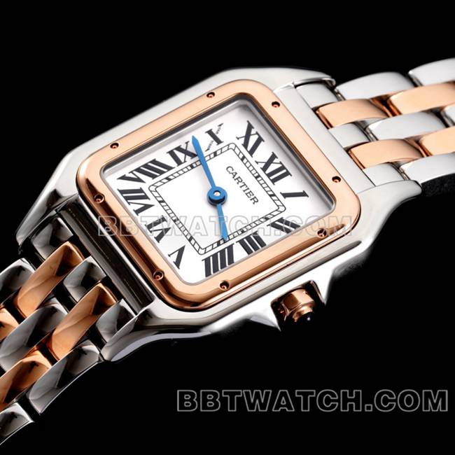 最佳复刻手表猎豹BBa厂卡地亚白盘间玫瑰金钢带石英正面实拍图