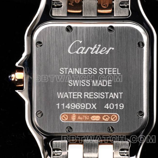 最佳复刻手表猎豹BBa厂卡地亚白盘间玫瑰金钢带石英背面实拍图