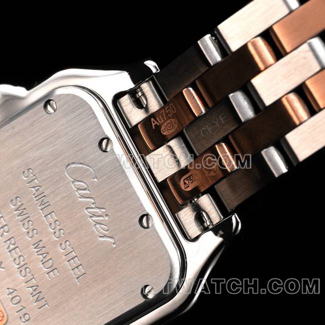 最佳复刻手表猎豹BBa厂卡地亚白盘间玫瑰金钢带石英背面实拍图