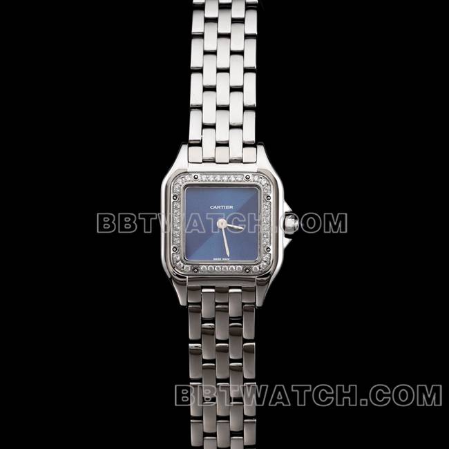 顶级复刻手表BBa厂猎豹卡地亚蓝盘钻圈钢带石英正面实拍图