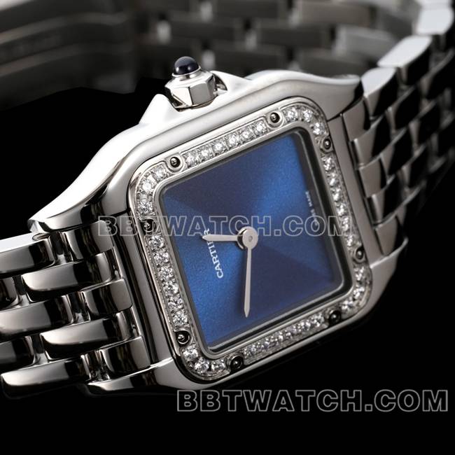 顶级复刻手表BBa厂猎豹卡地亚蓝盘钻圈钢带石英正面实拍图