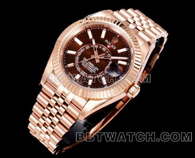 最优复刻手表AR+厂劳力士纵航者棕盘机械玫瑰金钢表带正面实拍图