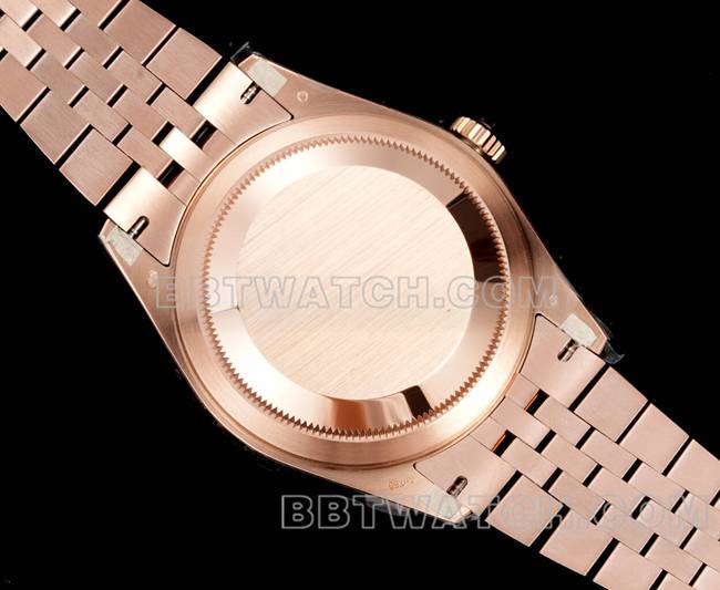 最优复刻手表AR+厂劳力士纵航者棕盘机械玫瑰金钢表带背面实拍图