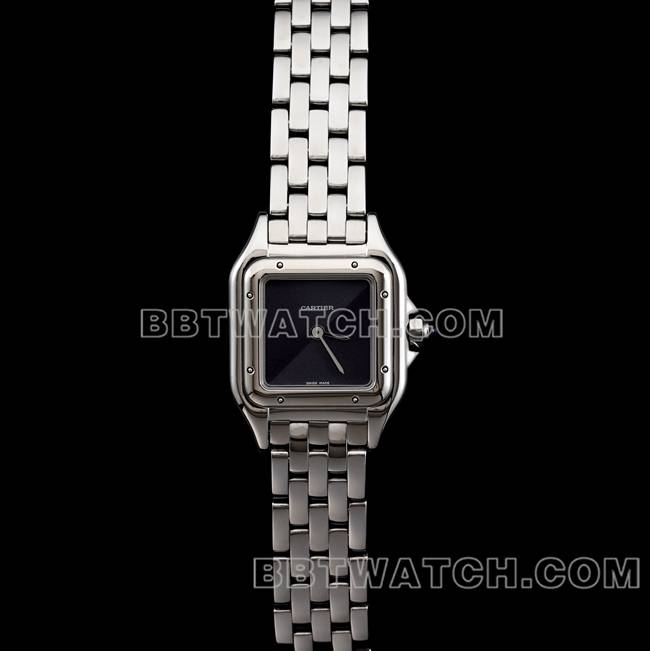 最优复刻手表BBa厂猎豹卡地亚黑盘钢带石英正面实拍图