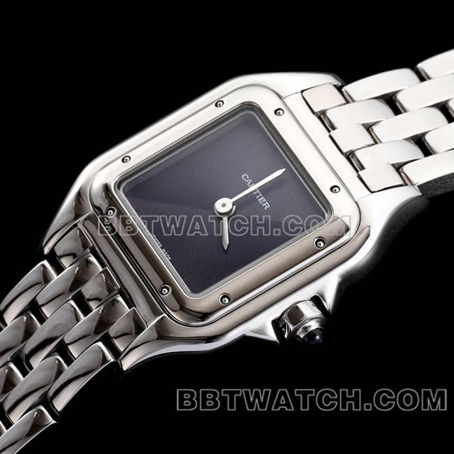 最优复刻手表BBa厂猎豹卡地亚黑盘钢带石英正面实拍图