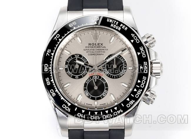 最佳复刻手表JF厂劳力士迪通拿灰盘4131机械40毫米橡胶表带正面实拍图