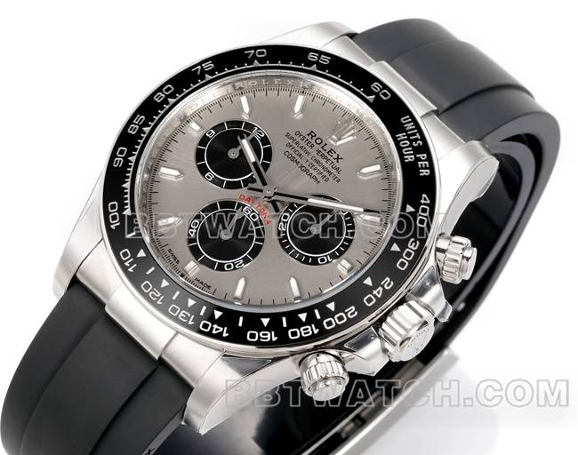 最佳复刻手表JF厂劳力士迪通拿灰盘4131机械40毫米橡胶表带正面实拍图