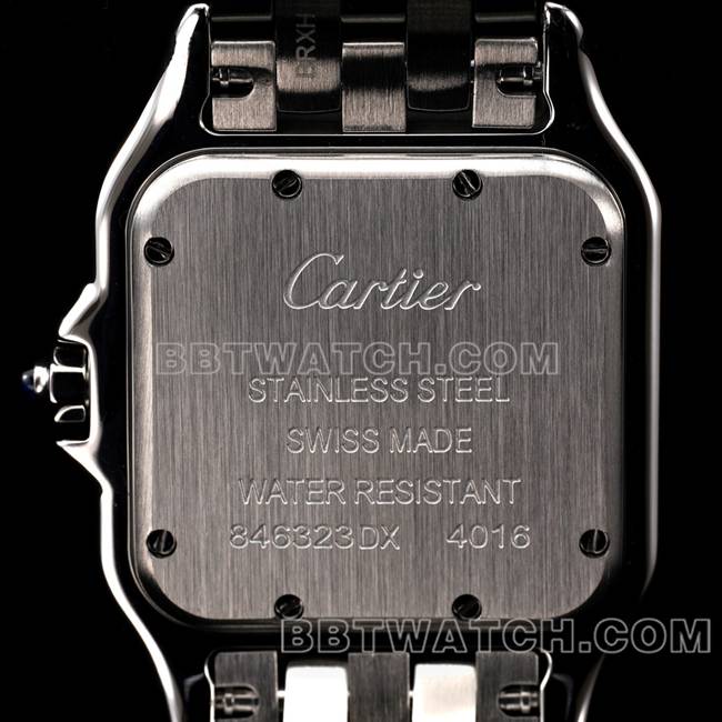 最优复刻手表BBa厂猎豹卡地亚黑盘钢带石英背面实拍图