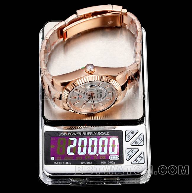 1:1复刻手表AR+厂劳力士纵航者白盘机械玫瑰金重量实拍图