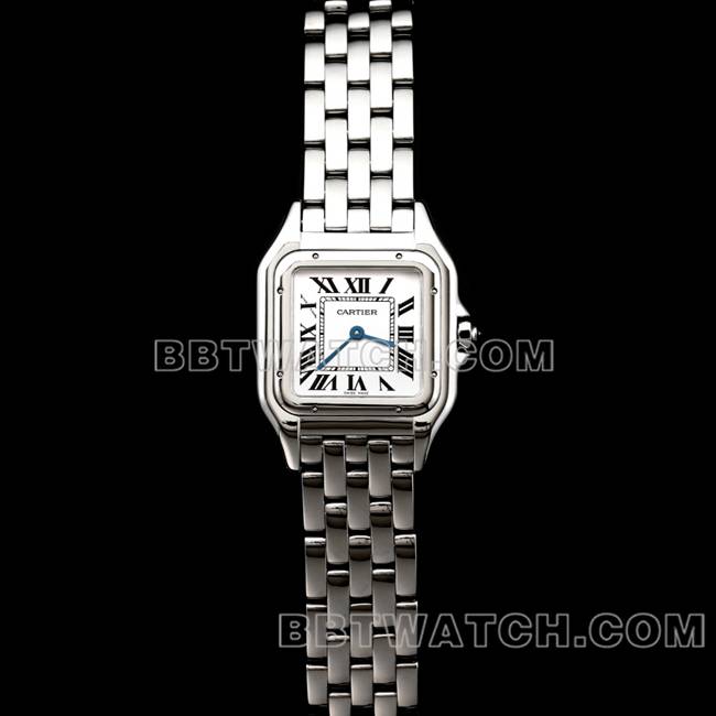 1:1复刻手表BBa厂猎豹卡地亚白盘钢带石英正面实拍图