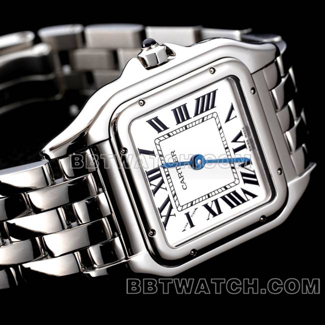 1:1复刻手表BBa厂猎豹卡地亚白盘钢带石英正面实拍图