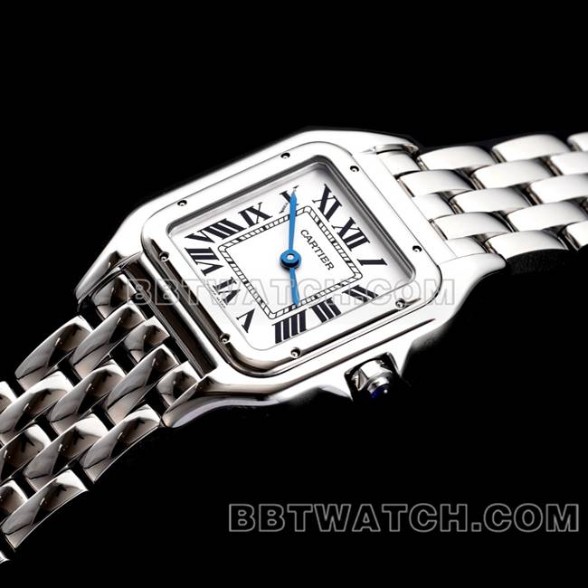 1:1复刻手表BBa厂猎豹卡地亚白盘钢带石英正面实拍图