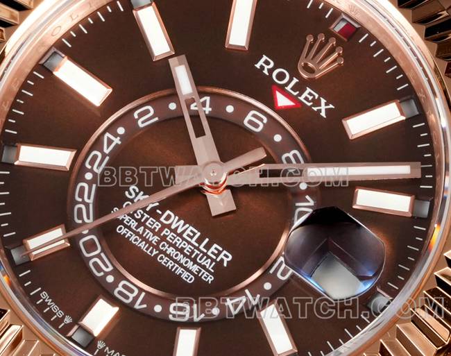 超级克隆手表AR+厂劳力士纵航者棕盘机械玫瑰金正面实拍图