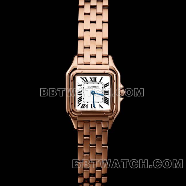 超级克隆手表BBa厂猎豹卡地亚白盘玫瑰金钢带石英正面实拍图