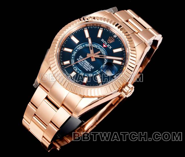 顶级复刻手表劳力士AR+厂纵航者蓝盘机械玫瑰金正面实拍图
