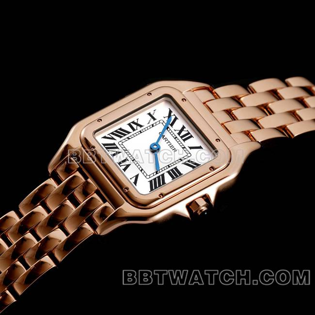 超级克隆手表BBa厂猎豹卡地亚白盘玫瑰金钢带石英正面实拍图
