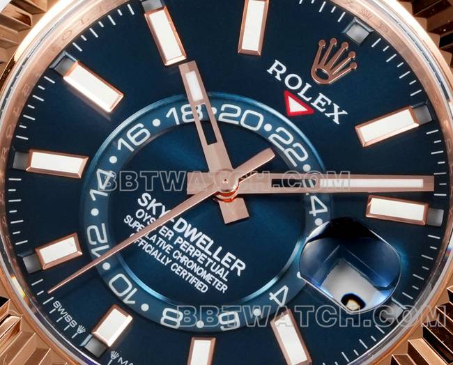 顶级复刻手表劳力士AR+厂纵航者蓝盘机械玫瑰金正面实拍图