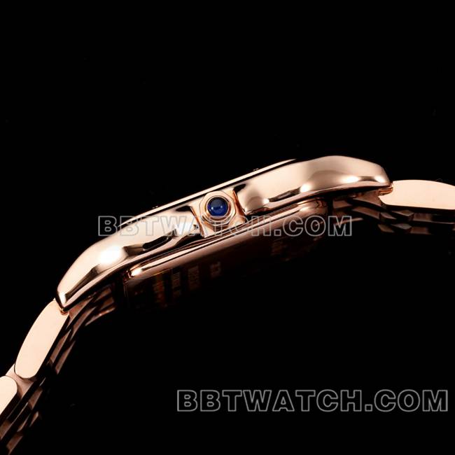超级克隆手表BBa厂猎豹卡地亚白盘玫瑰金钢带石英侧面实拍图