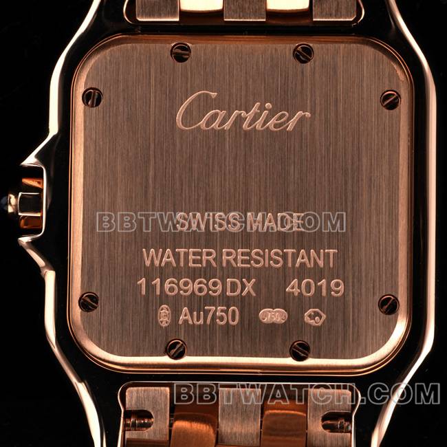 超级克隆手表BBa厂猎豹卡地亚白盘玫瑰金钢带石英背面实拍图