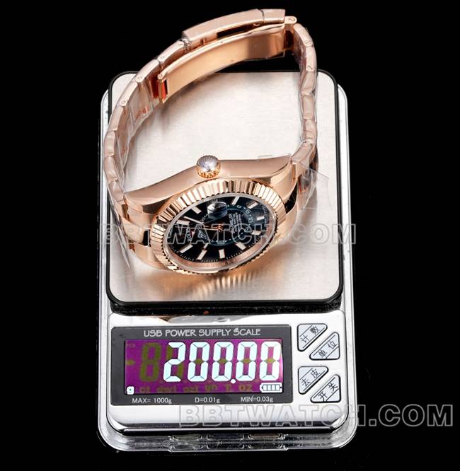 顶级复刻手表劳力士AR+厂纵航者蓝盘机械玫瑰金重量实拍图