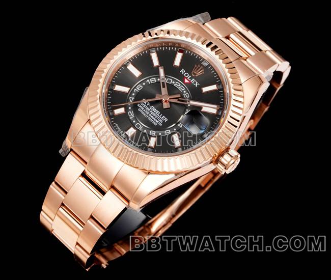 最优复刻手表劳力士AR+厂纵航者黑盘机械玫瑰金正面实拍图