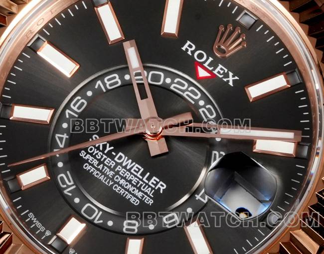 最优复刻手表劳力士AR+厂纵航者黑盘机械玫瑰金正面实拍图