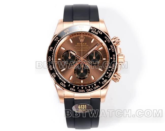 顶级复刻手表迪通拿JF厂劳力士棕盘玫瑰金4131机械橡胶表带正面实拍图