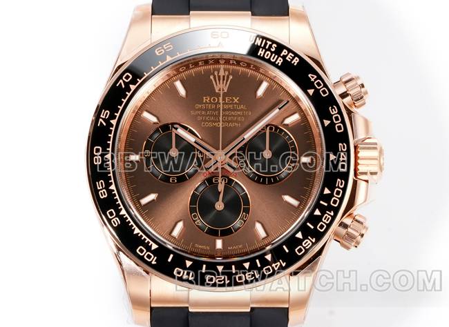 顶级复刻手表迪通拿JF厂劳力士棕盘玫瑰金4131机械橡胶表带正面实拍图