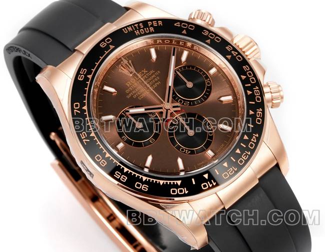 顶级复刻手表迪通拿JF厂劳力士棕盘玫瑰金4132机械橡胶表带正面实拍图