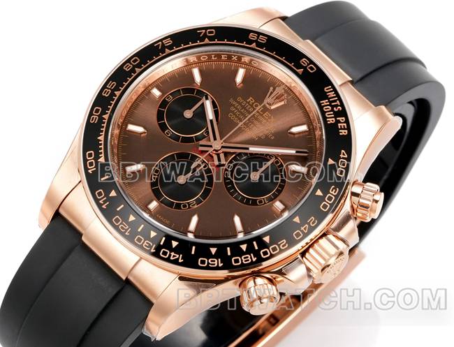 顶级复刻手表迪通拿JF厂劳力士棕盘玫瑰金4131机械橡胶表带正面实拍图