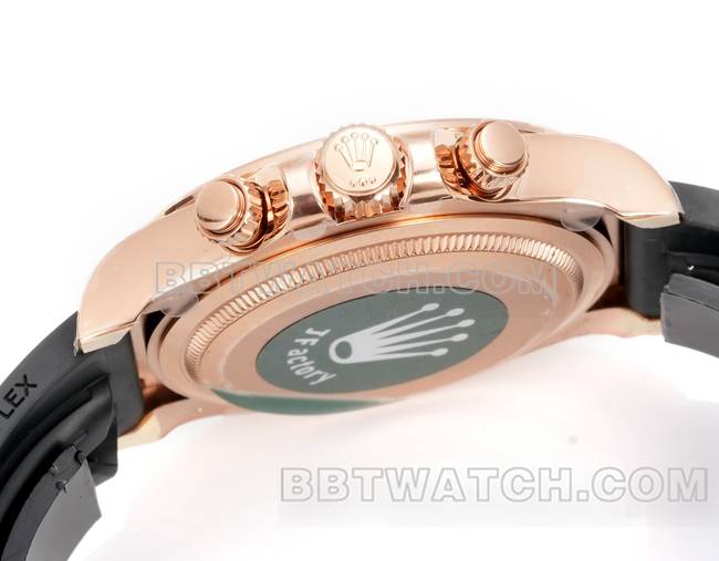 顶级复刻手表迪通拿JF厂劳力士棕盘玫瑰金4131机械橡胶表带侧面实拍图