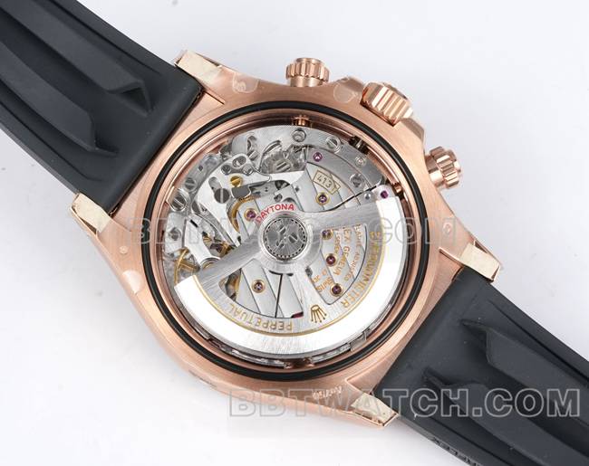 顶级复刻手表迪通拿JF厂劳力士棕盘玫瑰金4131机械橡胶表带背面实拍图