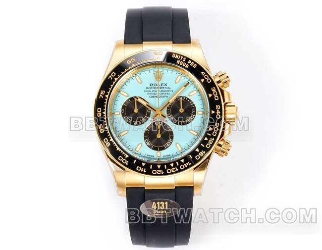 最优复刻手表迪通拿JF厂劳力士冰蓝盘黄金4131机械橡胶表带正面实拍图