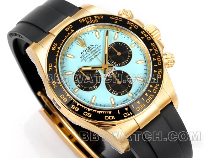 最优复刻手表迪通拿JF厂劳力士冰蓝盘黄金4131机械橡胶表带正面实拍图