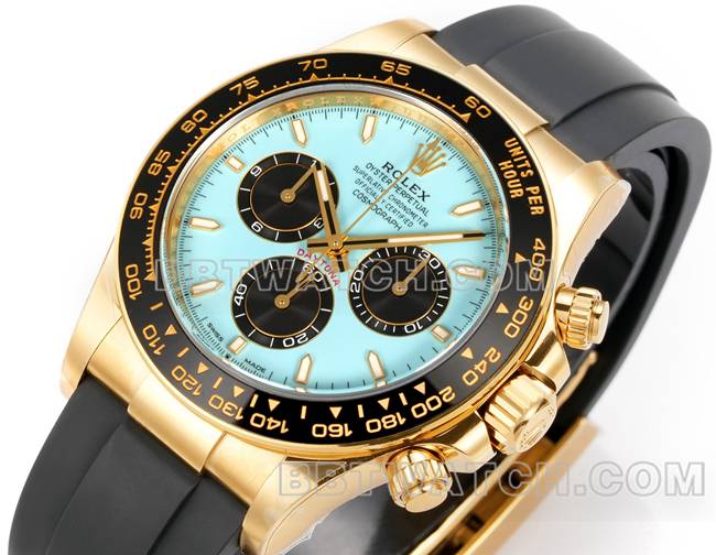 最优复刻手表迪通拿JF厂劳力士冰蓝盘黄金4131机械橡胶表带正面实拍图